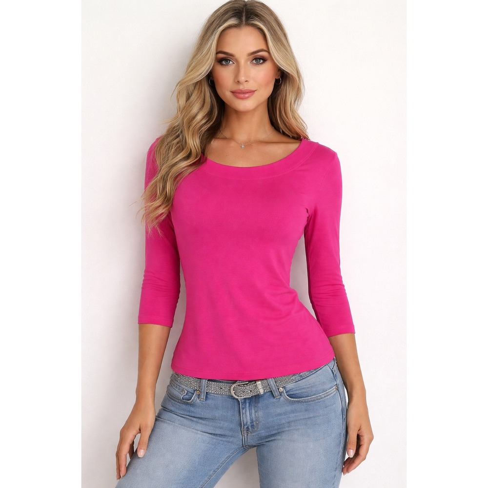 J.A.C. Womens Fuchsia Pink Boat Neck 3/4 Sleeve Knit Sweater Top Large‎